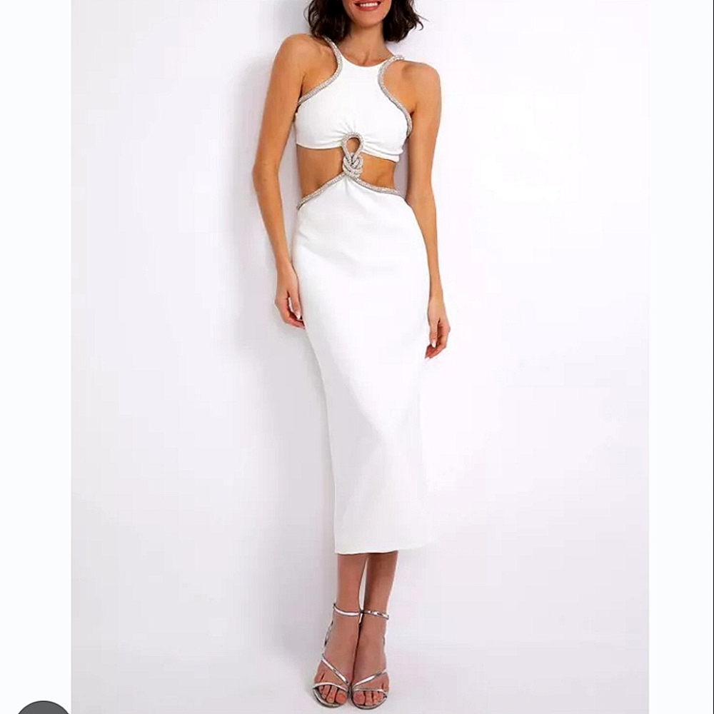 NWT$750 PatBO White Rhinestone Trim Cut-Out Midi-Dress Sz 8